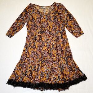 Yellow Paisley Print Dress 18/20W Black Lace Hem Boho Cottagecore Prairie